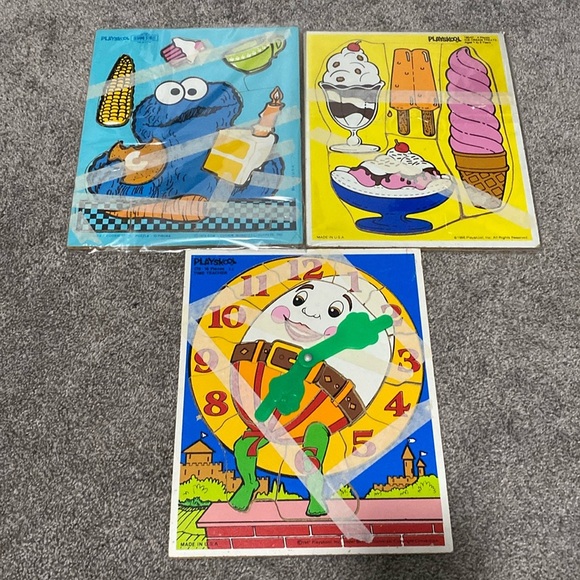 Vintage Playskool Wood Puzzles Cookie Monster 73 Ice Cream 86 Humpty Dumpty 81 - Picture 1 of 4
